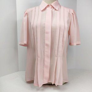 Vintage 1970s Pink Secretary Blouse Front Pleats M